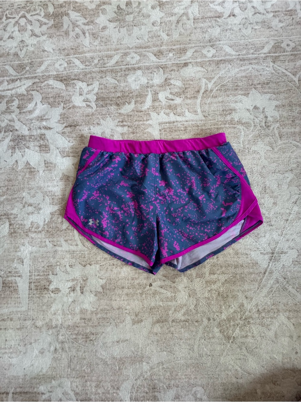 Under Armour Navy and Fuchsia Splatter Print Athletic Running Shorts